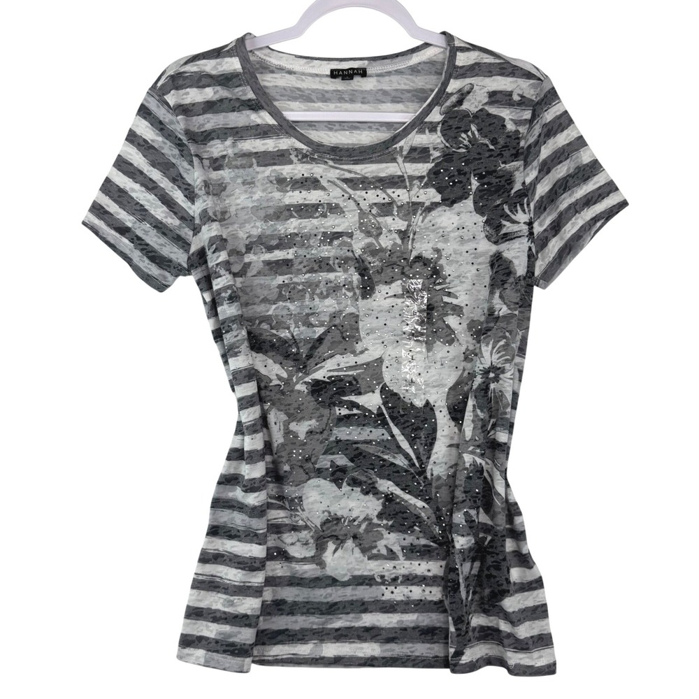 Hannah Womens Gray Striped Floral Burnout Rhinestone Short Sleeve Top Size L